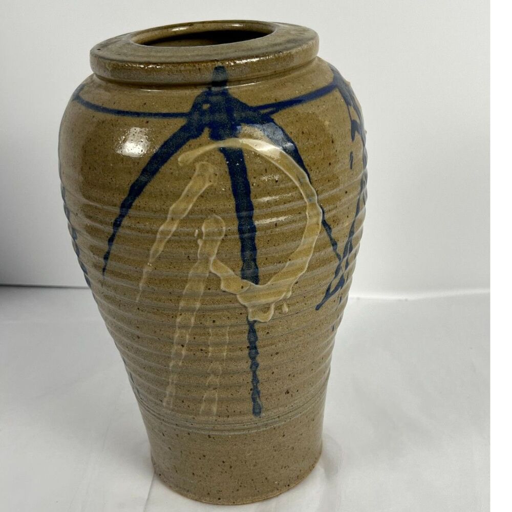 Large 12.5" Vintage Signed Studio Pottery Floor Vase Salt Glazed Stoneware